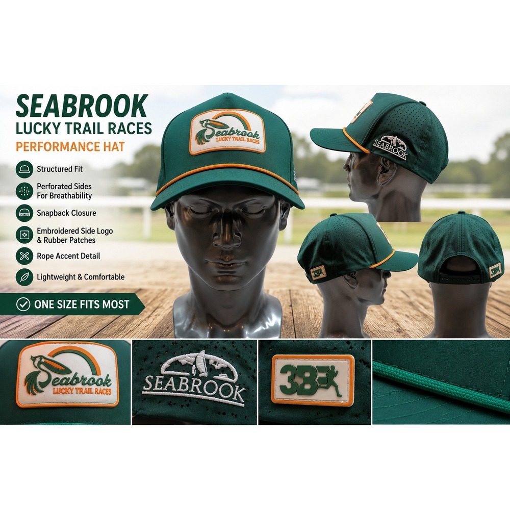 Seabrook Lucky Trail Races Performance Trucker Hat Green Orange Snapback Running